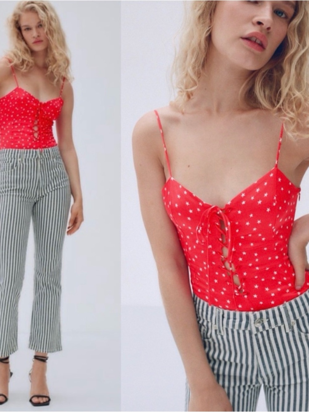 Zara Red Star-Print Lace-Up Bodysuit small